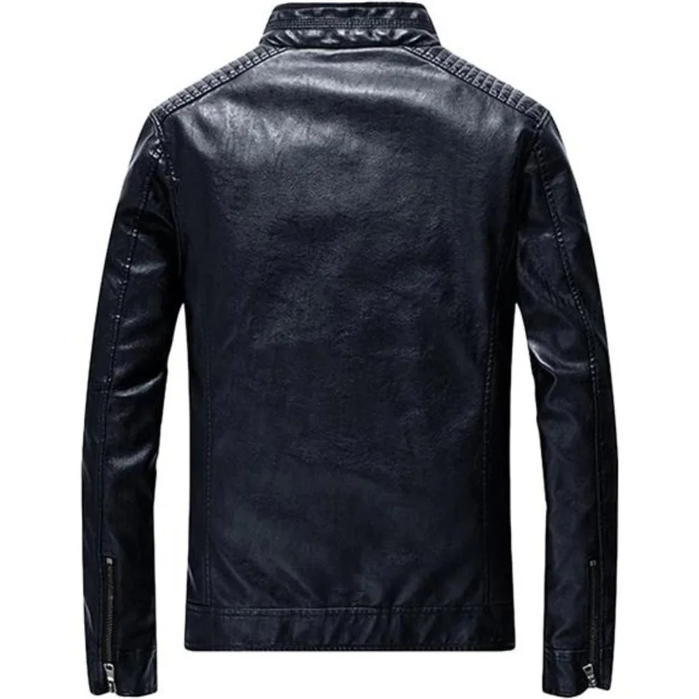 Dark Blue Faux Leather Military Jacket‎ Slim Fit Moto Biker Bomber Jacket Coat - Picture 2 of 6